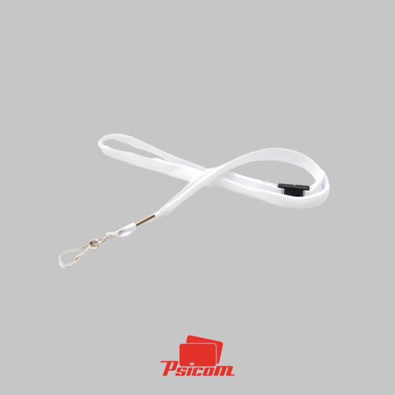 Cordon tour de cou blanc à mousqueton métal et système de rupture sécuritaire - PSICOM