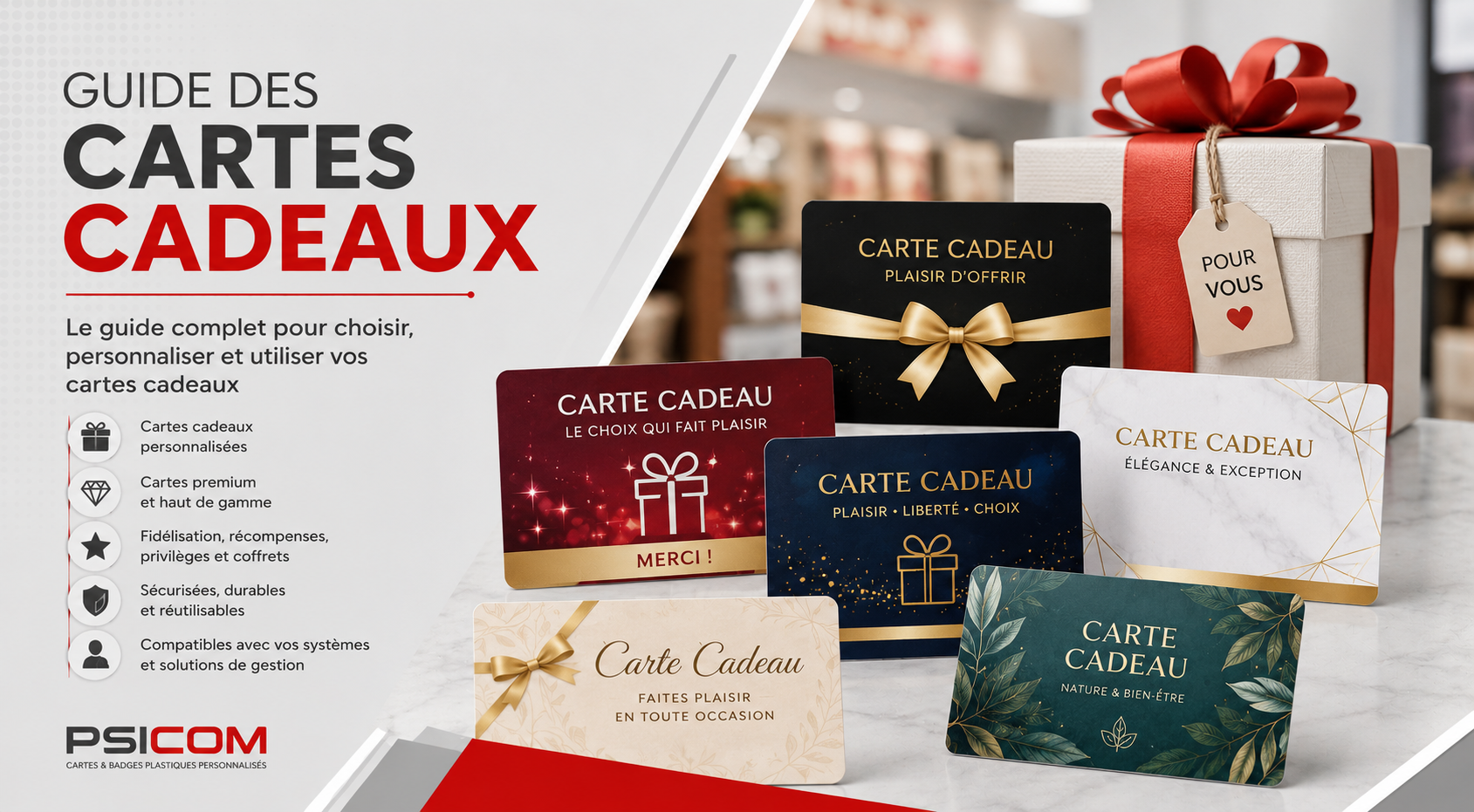 Guide des cartes cadeaux personnalisées PSICOM Guide PSICOM des cartes cadeaux personnalisées, cartes cadeaux premium, cartes cadeaux PVC et cartes cadeaux écologiques
