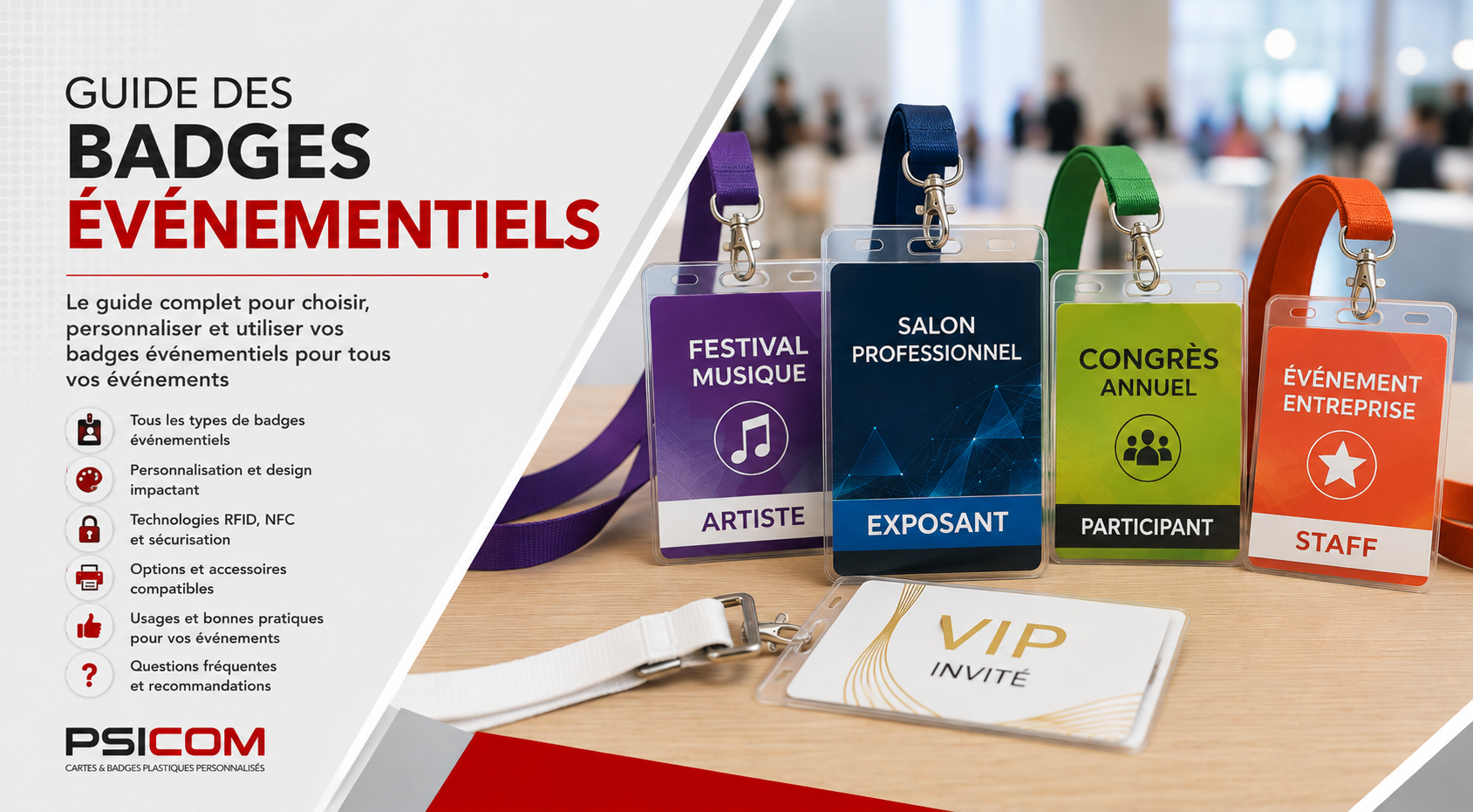 Guide des badges événementiels personnalisés PSICOM Guide PSICOM des badges événementiels personnalisés pour salons, festivals, congrès, événements d'entreprise et accès VIP