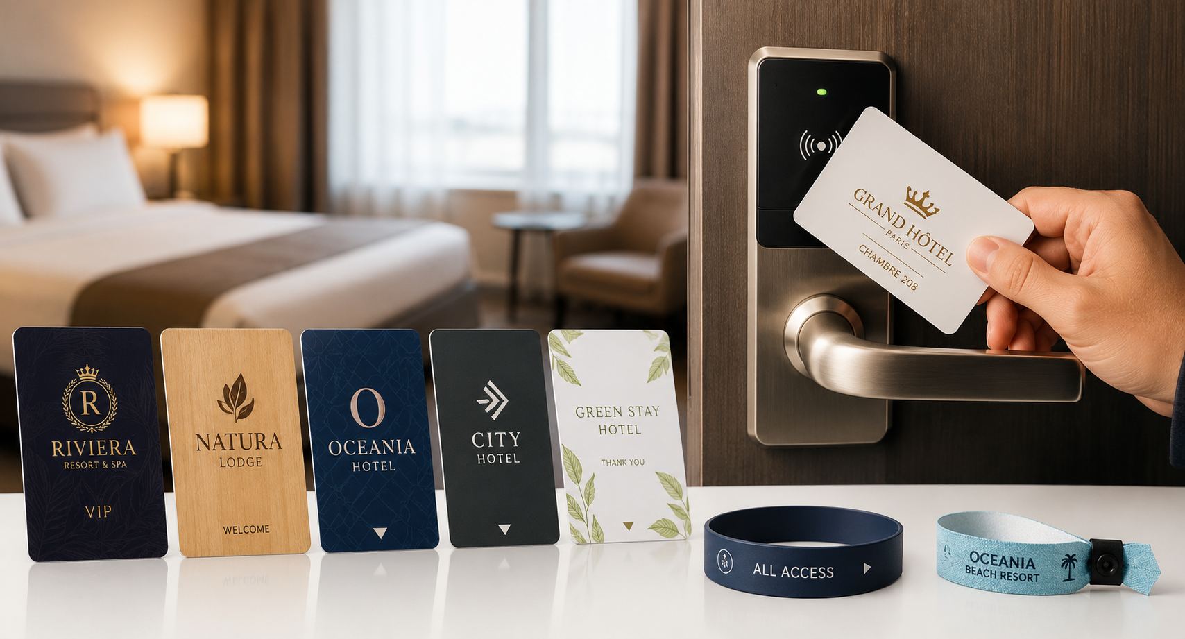 Guide des cartes-clés d'hôtel personnalisées PSICOM Guide PSICOM des cartes-clés d'hôtel personnalisées RFID, NFC, magnétiques, PVC, bois et écologiques pour hôtels, resorts, campings et résidences