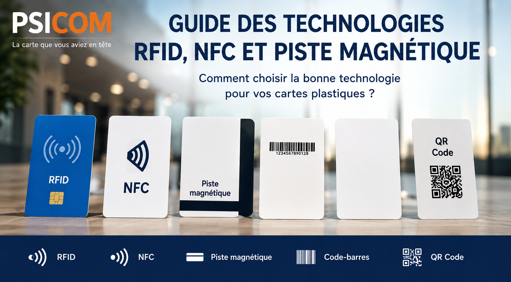 Guide RFID, NFC et piste magnétique pour cartes plastiques Guide PSICOM pour choisir entre carte RFID, carte NFC, piste magnétique, code-barres et QR Code