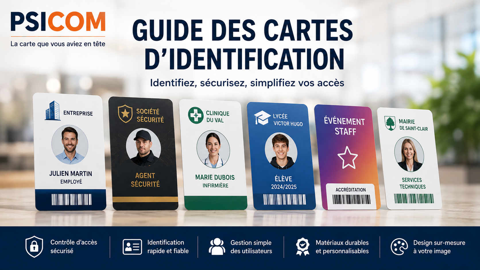 Guide des cartes d'identification personnalisées PSICOM Guide PSICOM des cartes d'identification personnalisées, badges professionnels, cartes de membre, cartes de lecteur et cartes d'accès
