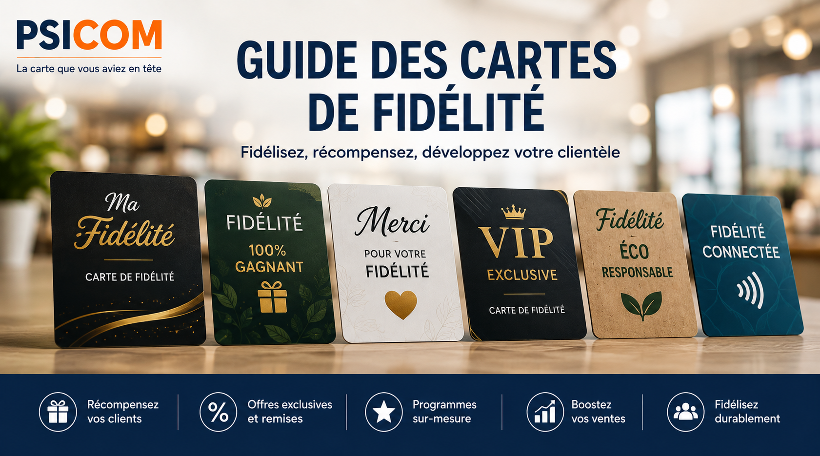 Guide des cartes de fidélité personnalisées PSICOM Guide PSICOM des cartes de fidélité personnalisées, standards, premium, écologiques et connectées