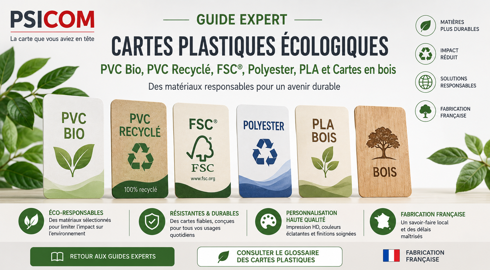 Guide des cartes écologiques et matériaux responsables Guide PSICOM des cartes écologiques en PVC Bio, PVC recyclé, papier FSC, polyester, PLA bois et bois véritable